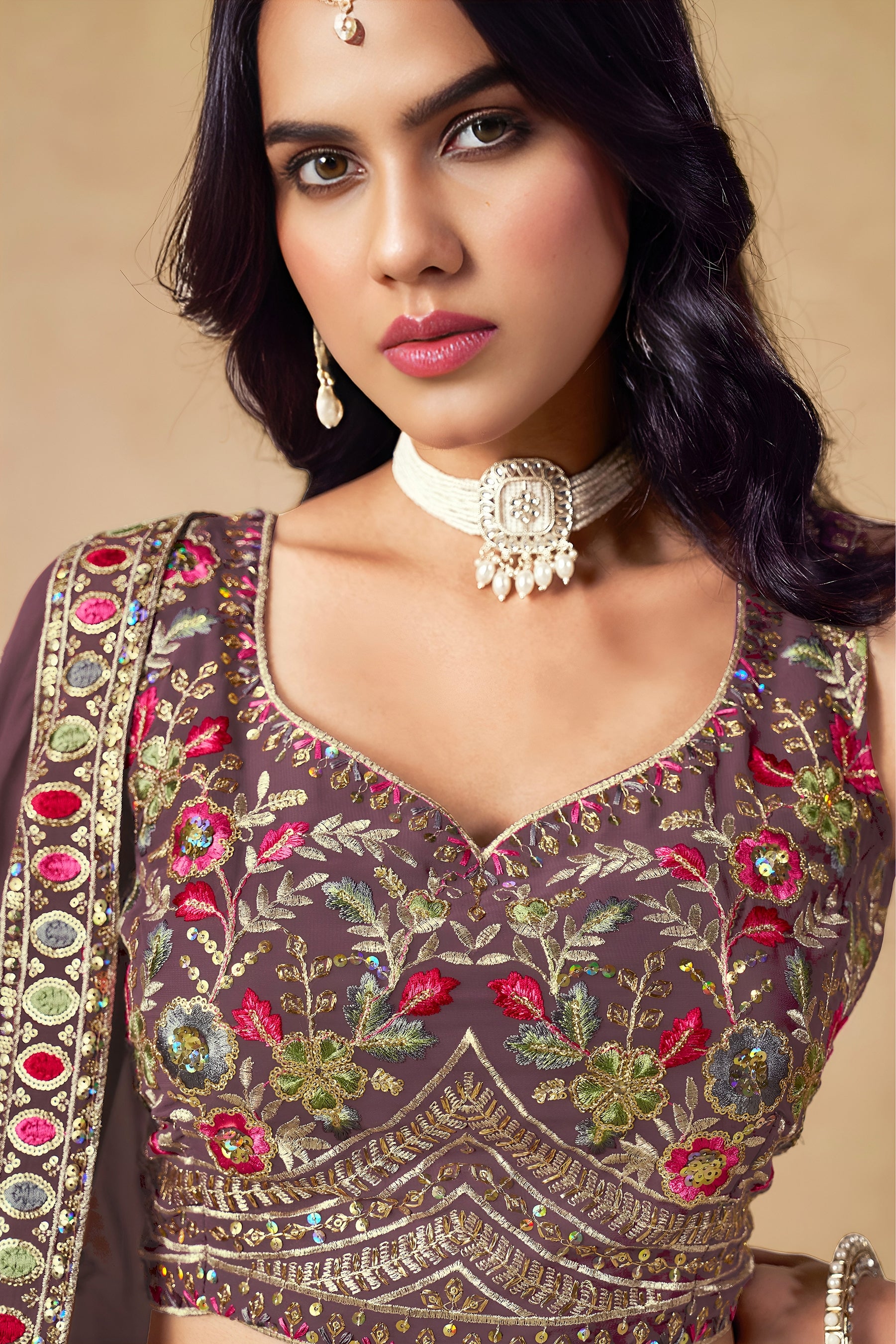 Georgette Zari-Weaving Lehenga Set with Heavy Embroidered Blouse & Dupatta Light Purple