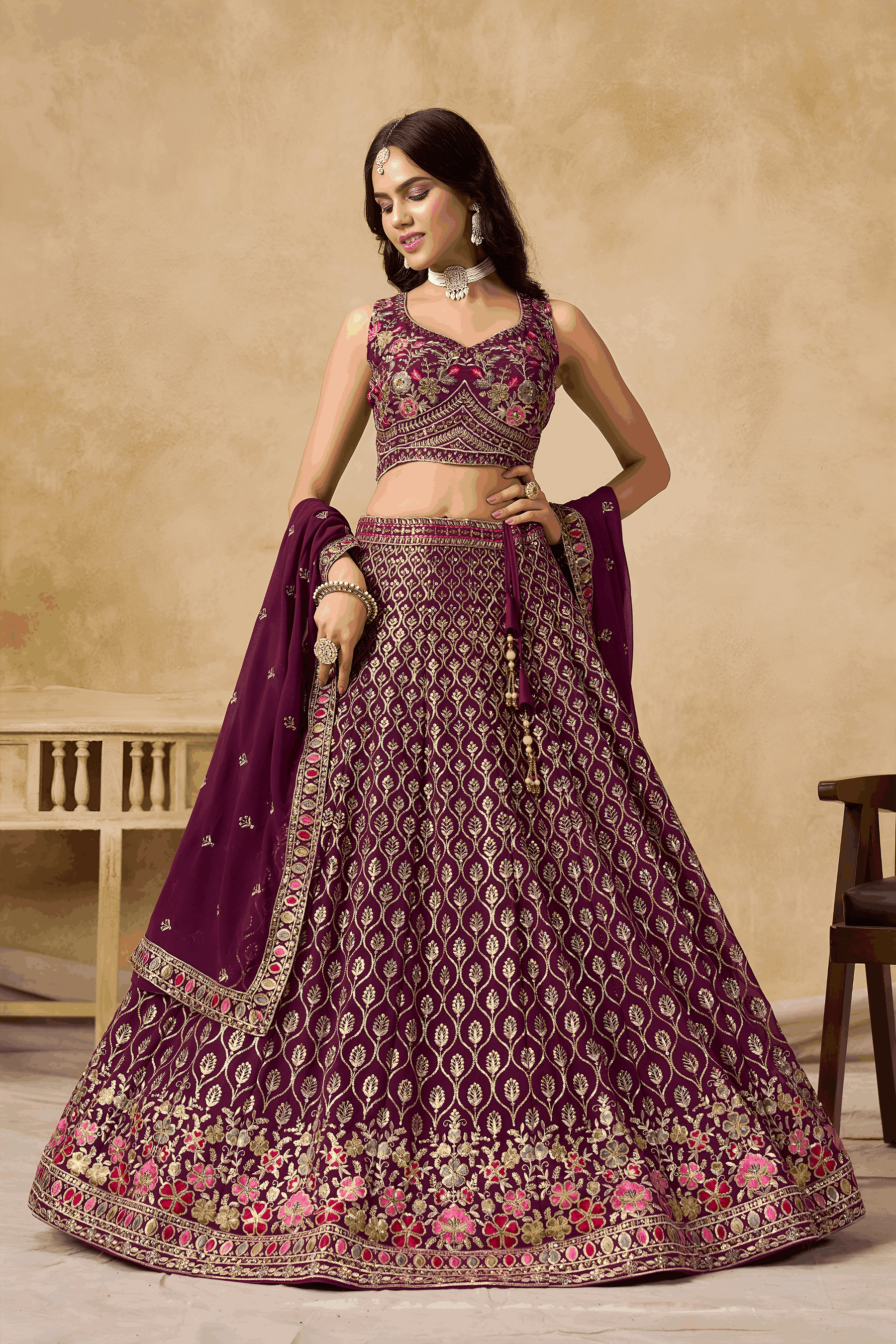 Georgette Zari-Weaving Lehenga Set with Heavy Embroidered Blouse & Dupatta Maroon