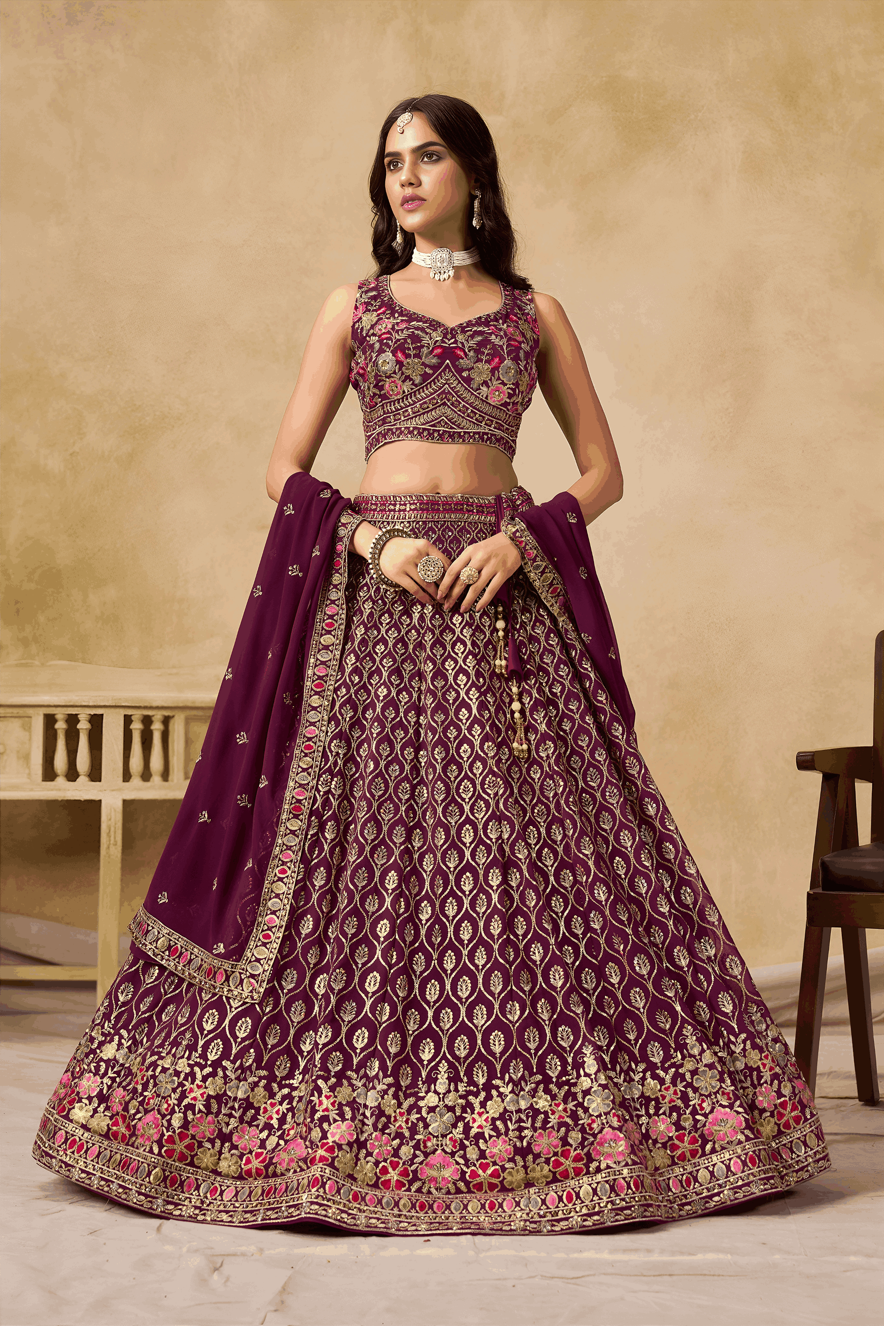 Georgette Zari-Weaving Lehenga Set with Heavy Embroidered Blouse & Dupatta Maroon