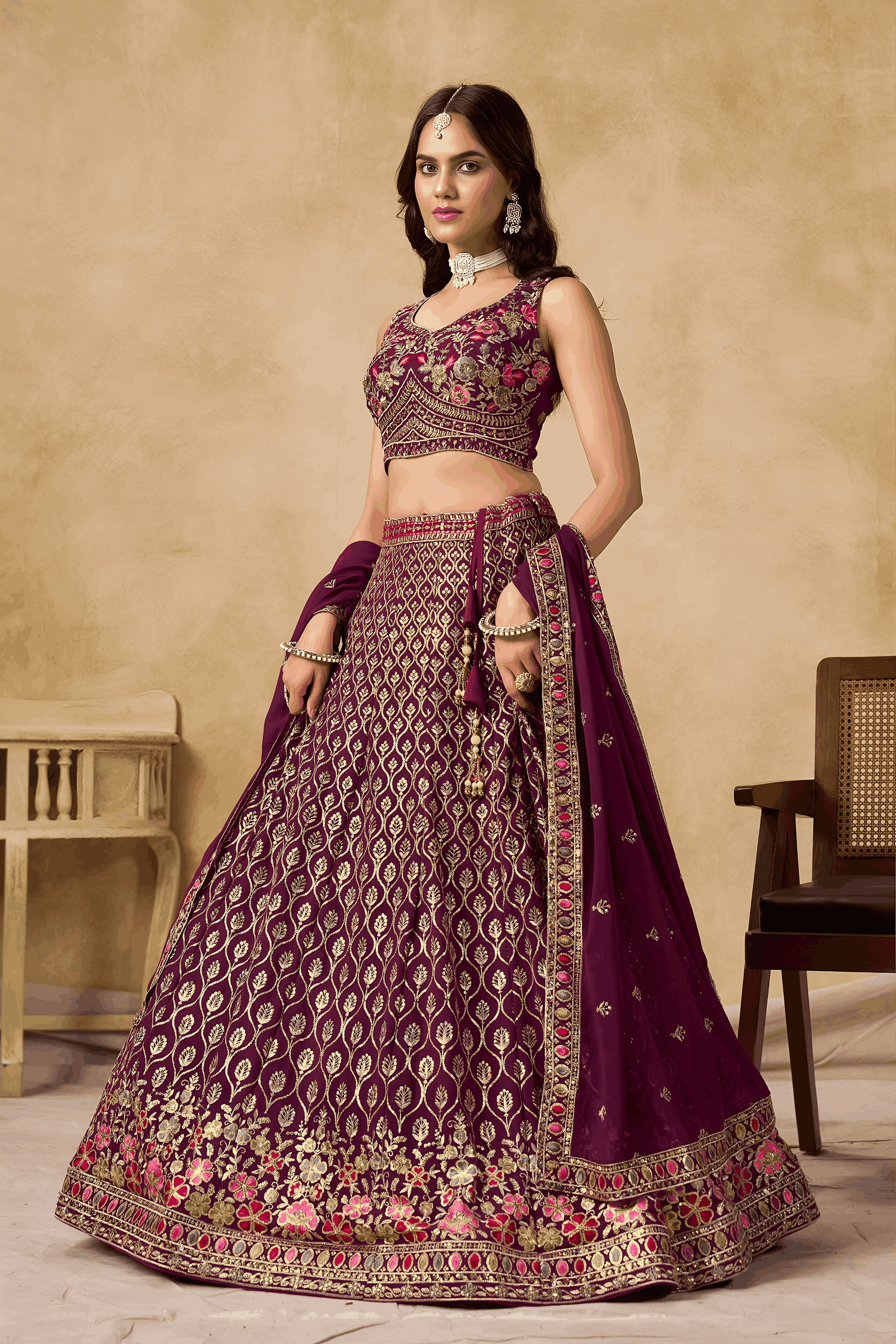 Georgette Zari-Weaving Lehenga Set with Heavy Embroidered Blouse & Dupatta Maroon