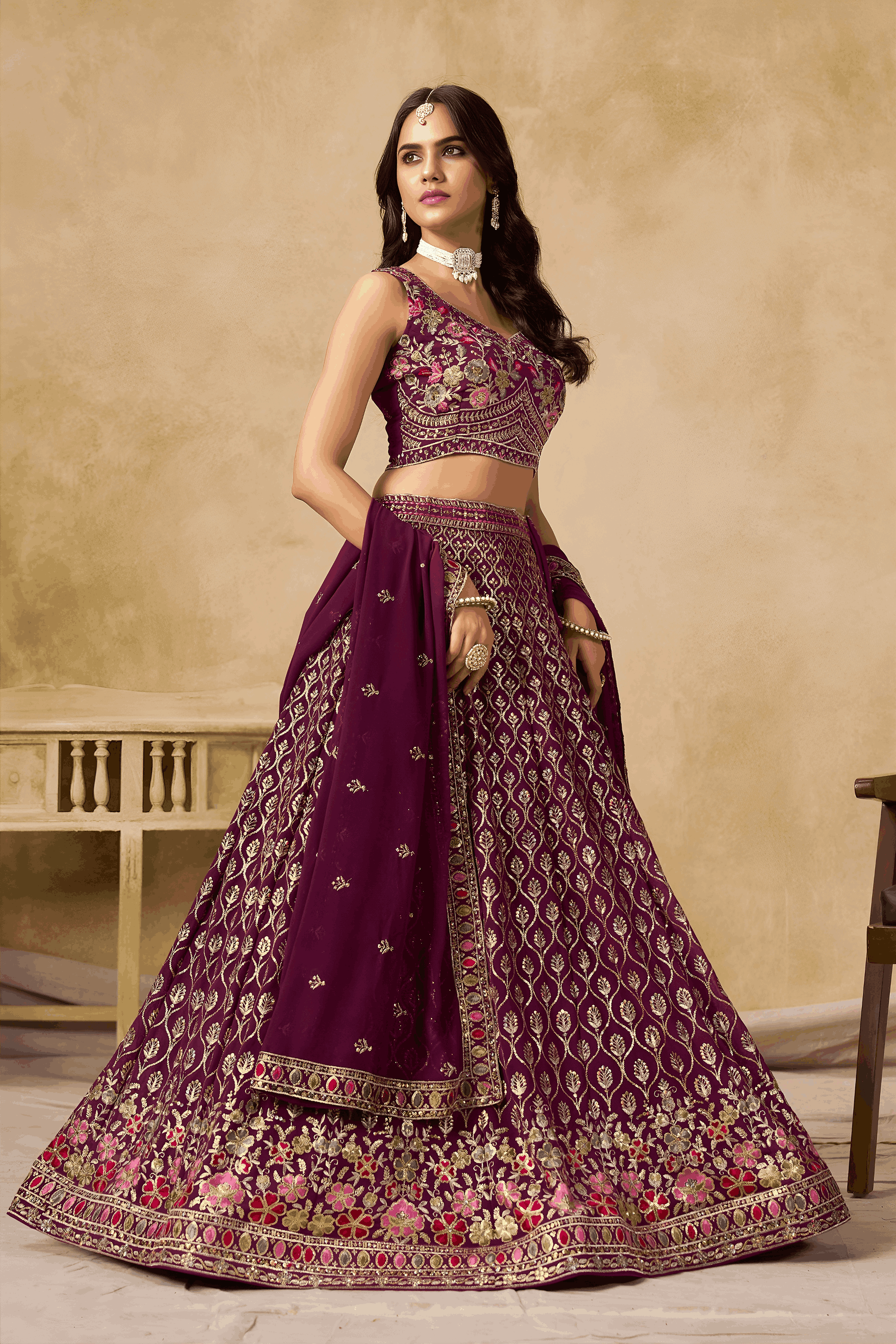 Georgette Zari-Weaving Lehenga Set with Heavy Embroidered Blouse & Dupatta Maroon