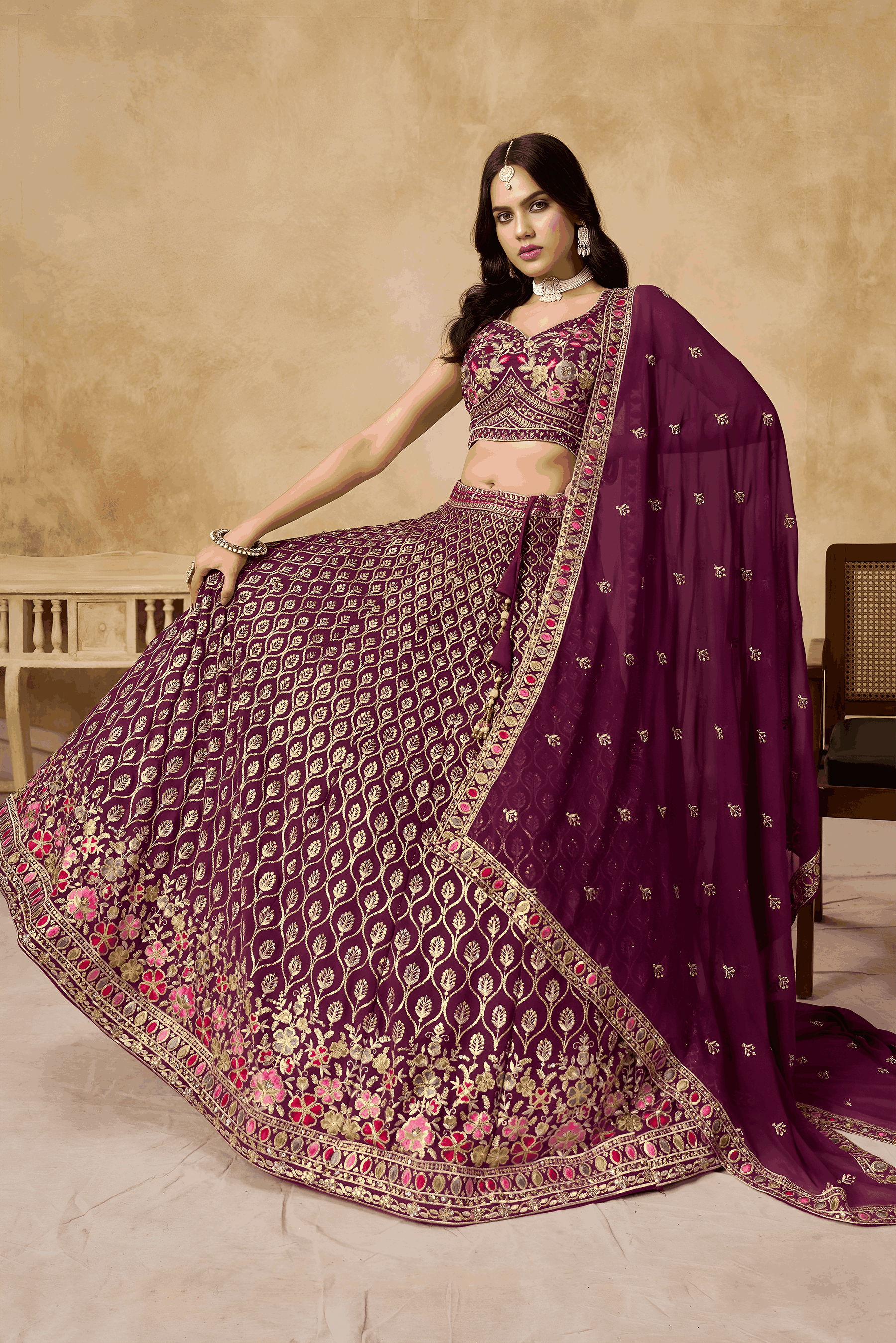 Georgette Zari-Weaving Lehenga Set with Heavy Embroidered Blouse & Dupatta Maroon