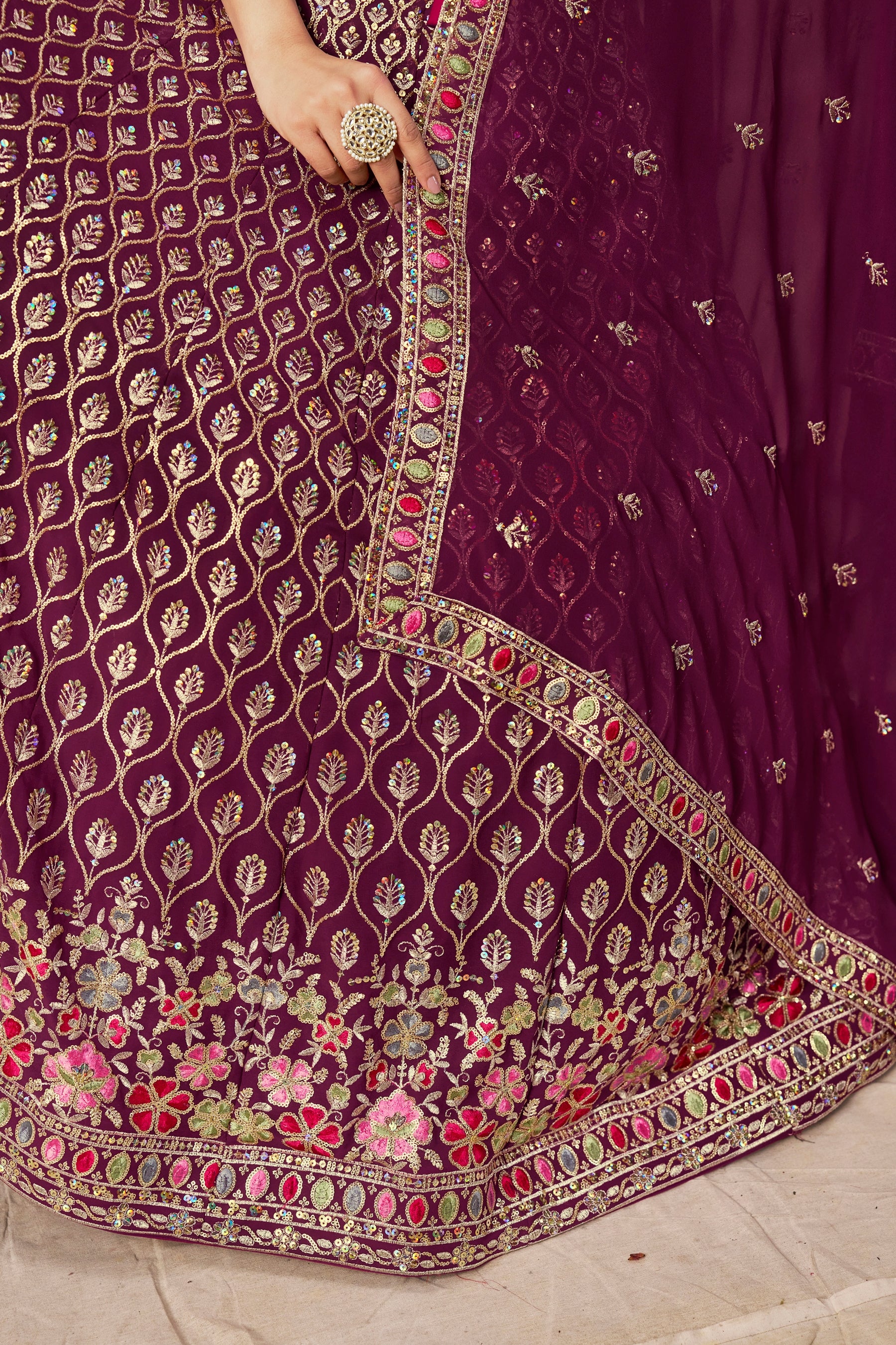 Georgette Zari-Weaving Lehenga Set with Heavy Embroidered Blouse & Dupatta Maroon