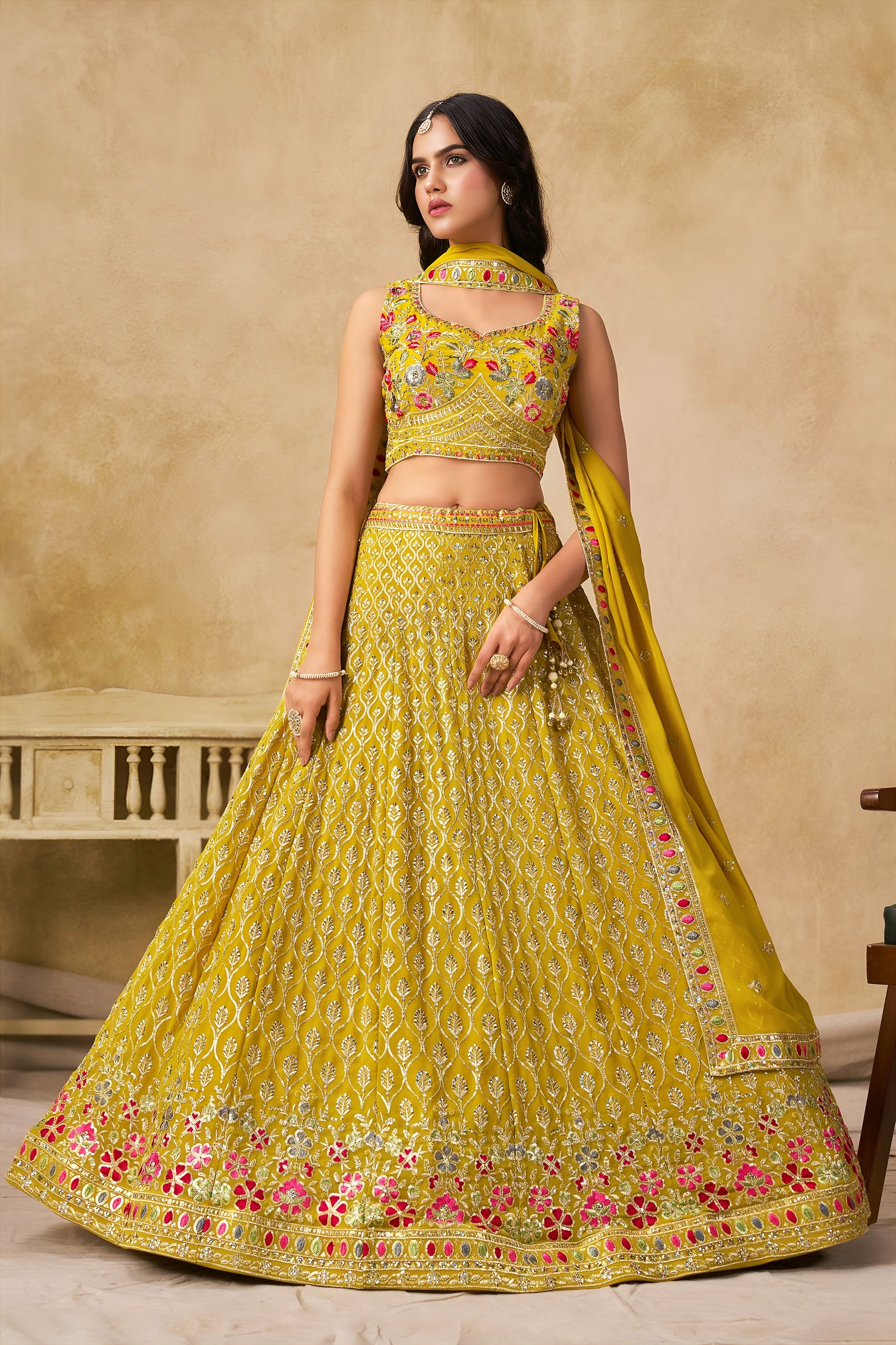 Georgette Zari-Weaving Lehenga Set with Heavy Embroidered Blouse & Dupatta Yellow