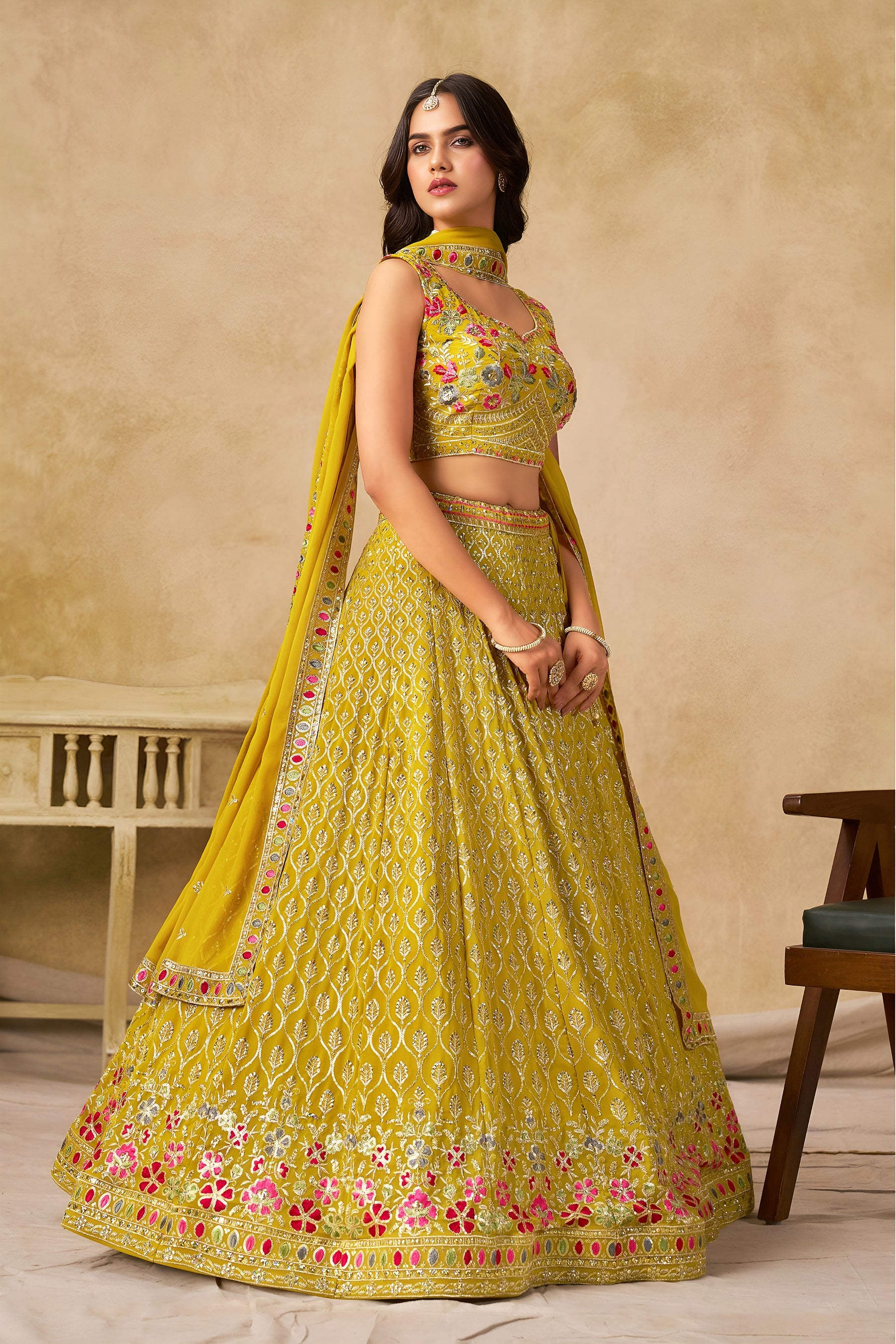 Georgette Zari-Weaving Lehenga Set with Heavy Embroidered Blouse & Dupatta Yellow