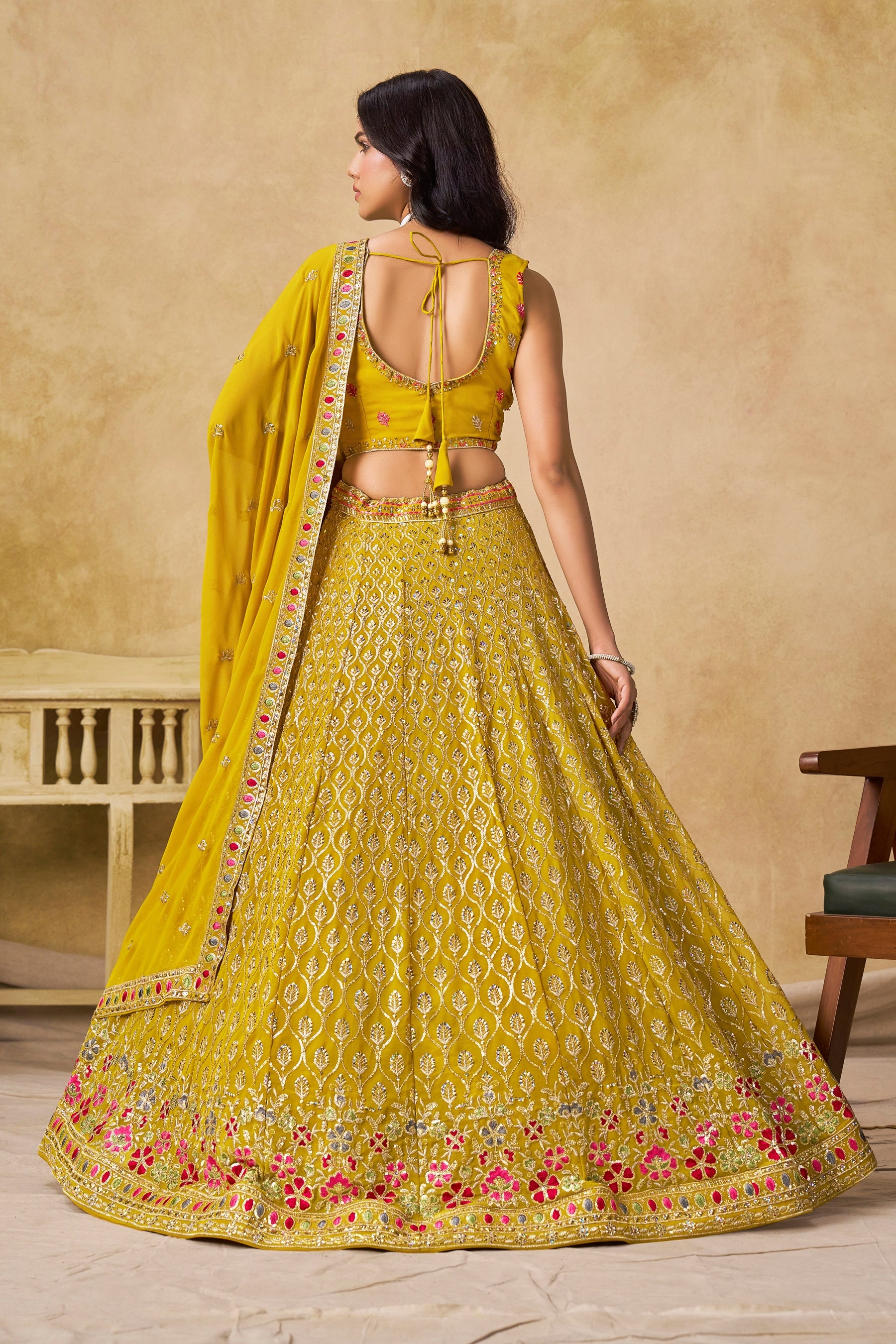 Georgette Zari-Weaving Lehenga Set with Heavy Embroidered Blouse & Dupatta Yellow