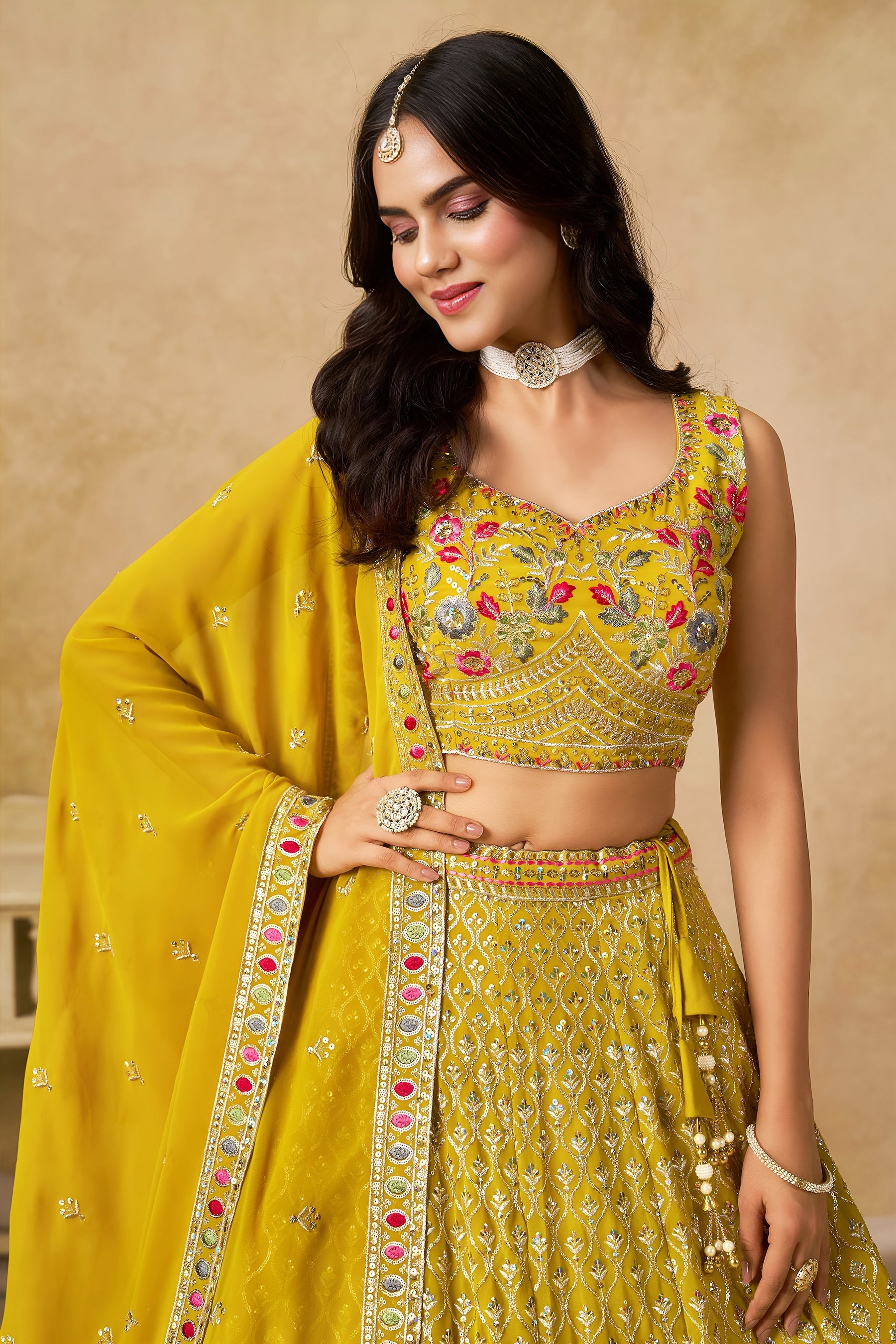 Georgette Zari-Weaving Lehenga Set with Heavy Embroidered Blouse & Dupatta Yellow