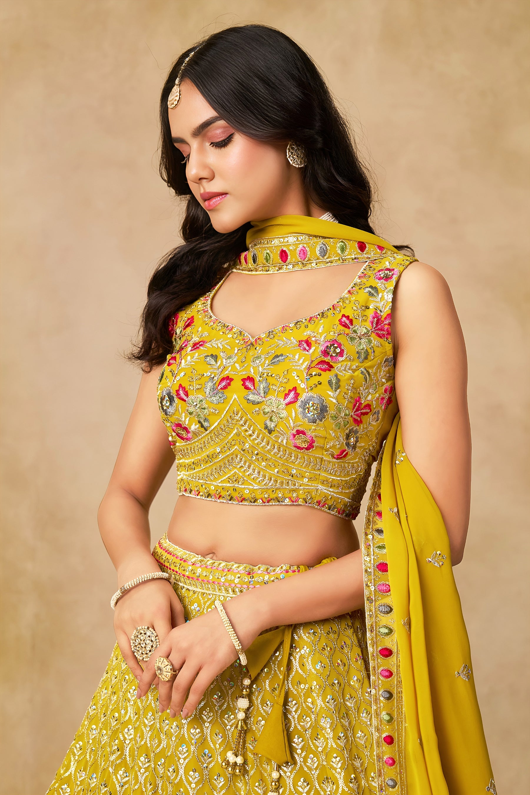 Georgette Zari-Weaving Lehenga Set with Heavy Embroidered Blouse & Dupatta Yellow