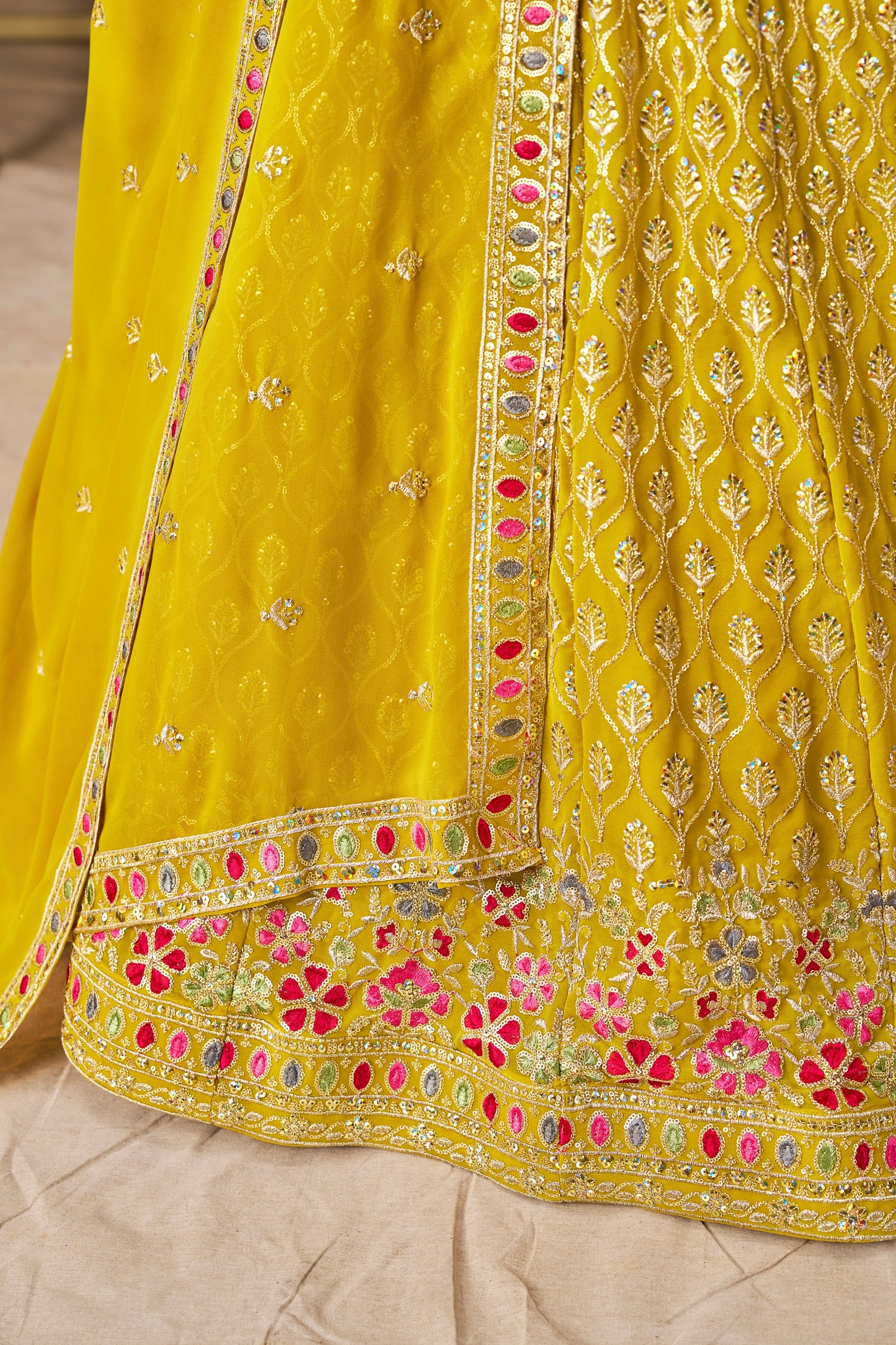 Georgette Zari-Weaving Lehenga Set with Heavy Embroidered Blouse & Dupatta Yellow