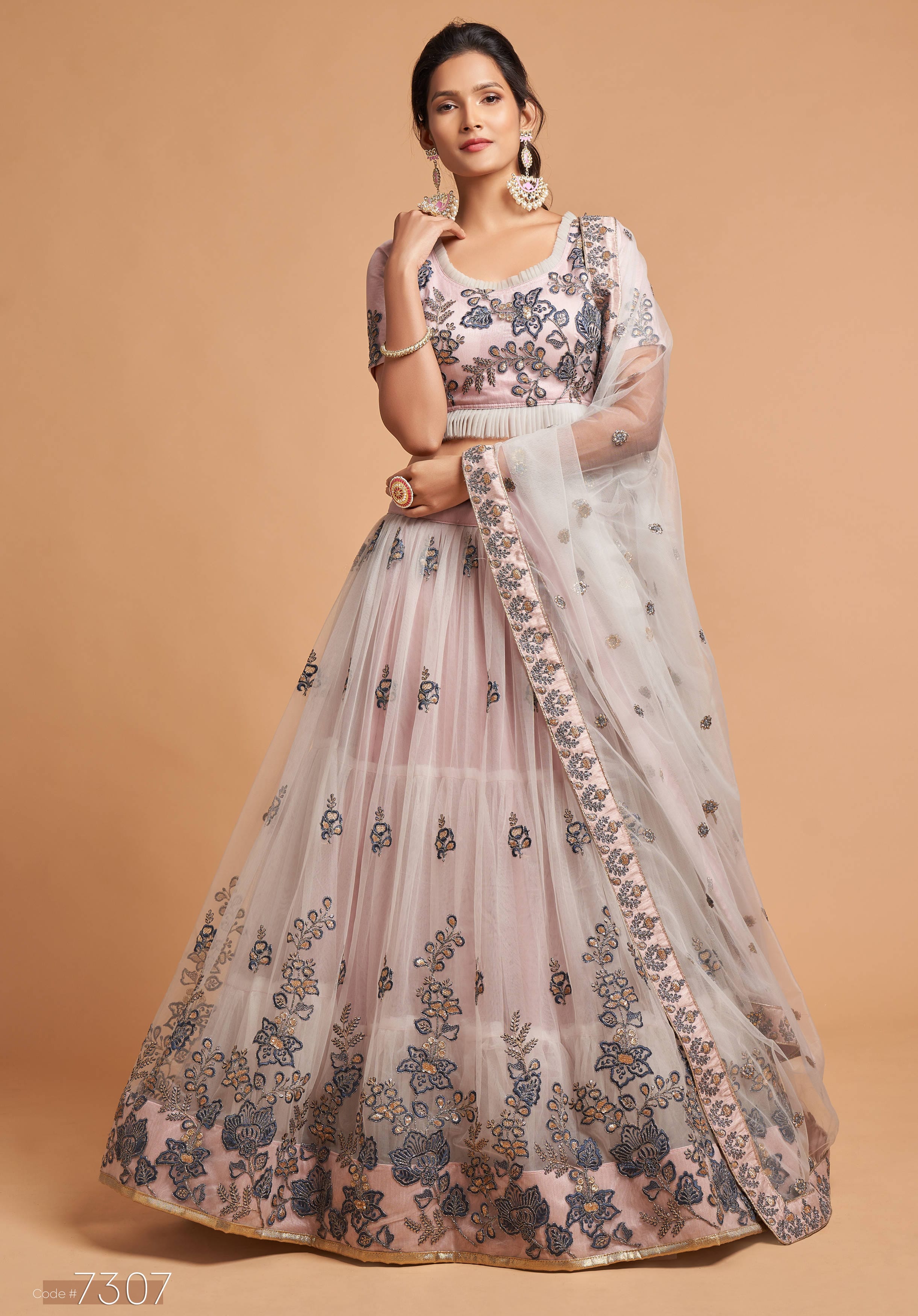 Grey Soft Net Lehenga Set with Thread, Zari, Dori and Sequins Embroidery