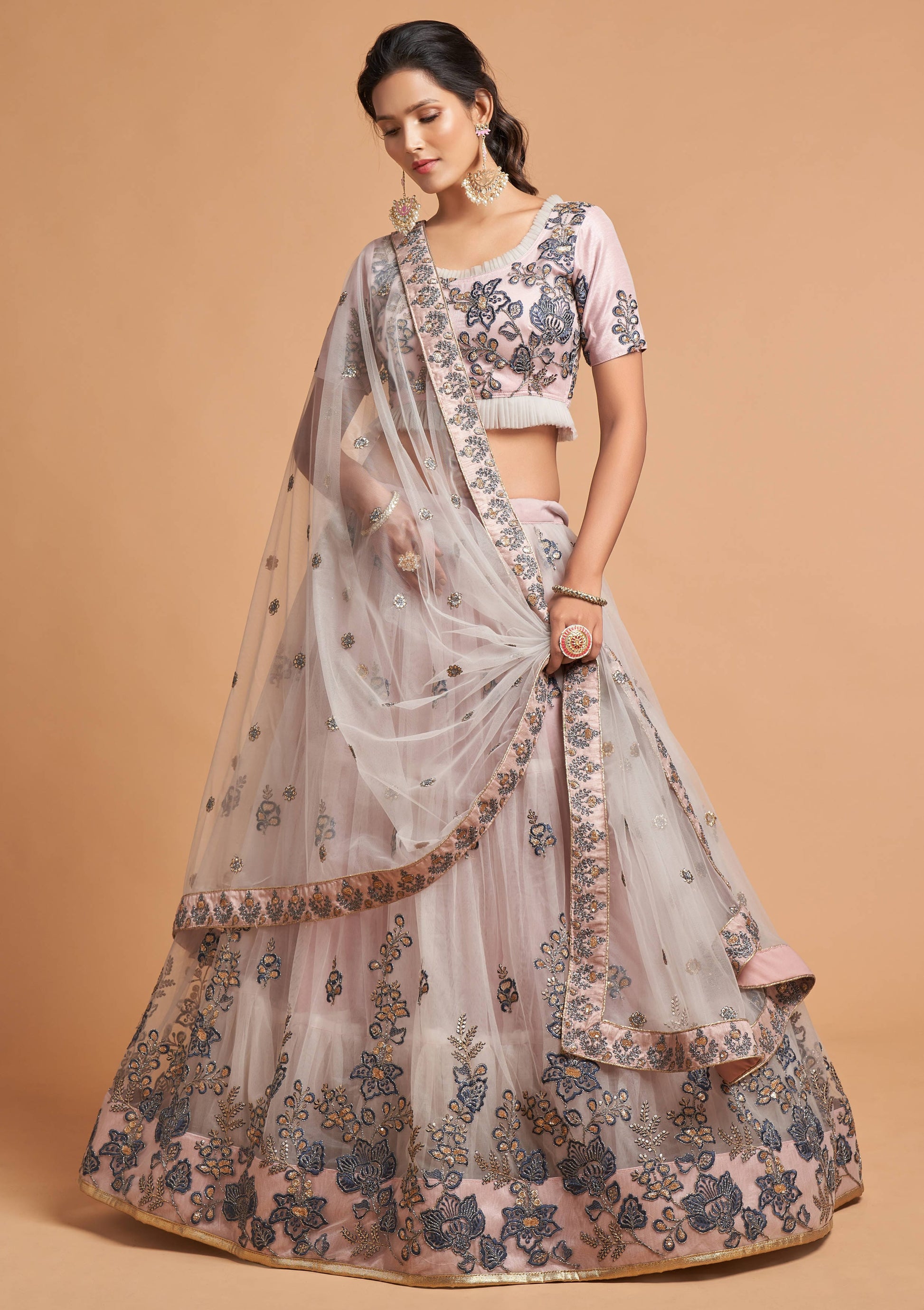 Grey Soft Net Lehenga Set with Thread, Zari, Dori and Sequins Embroidery