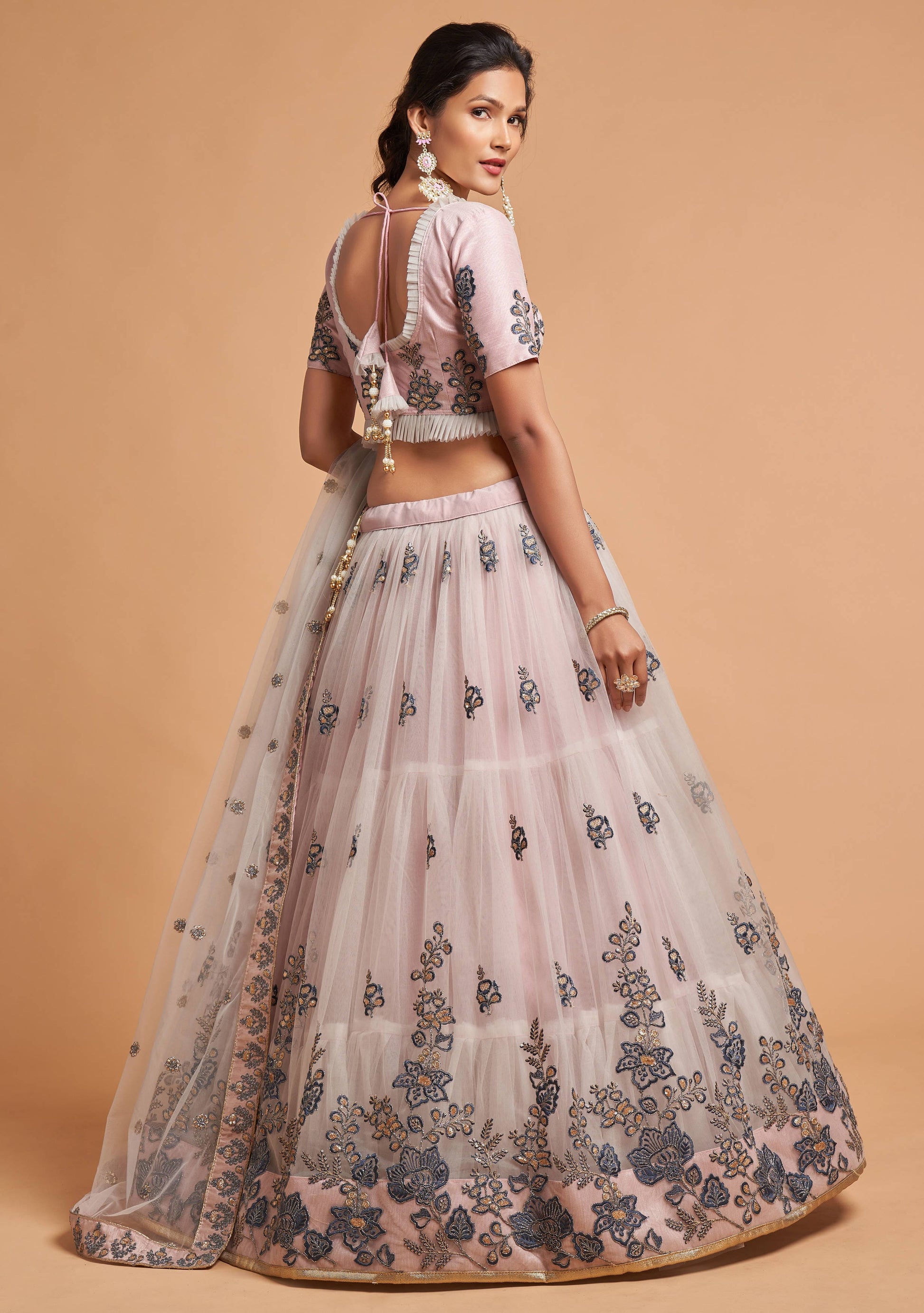 Grey Soft Net Lehenga Set with Thread, Zari, Dori and Sequins Embroidery