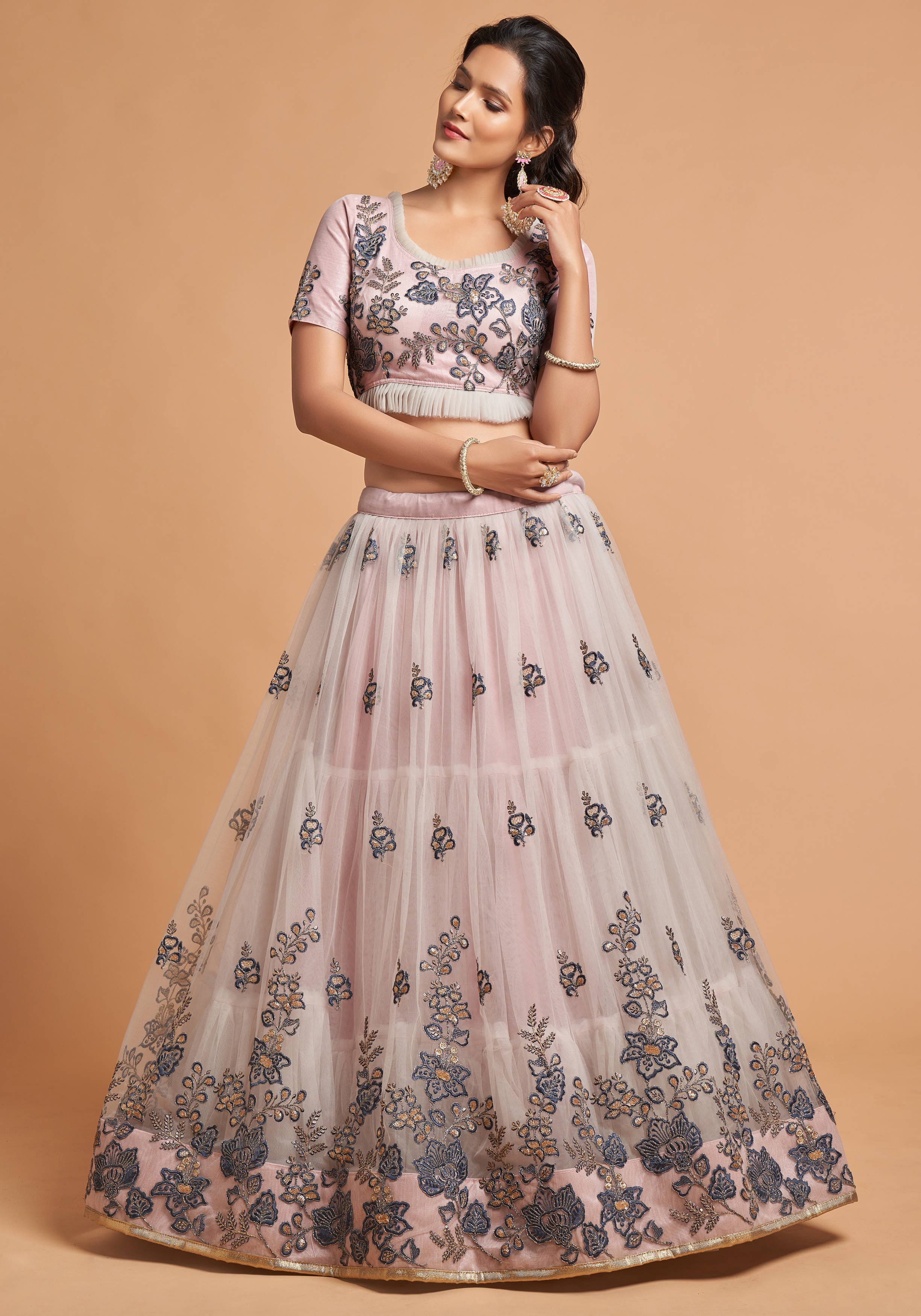 Grey Soft Net Lehenga Set with Thread, Zari, Dori and Sequins Embroidery