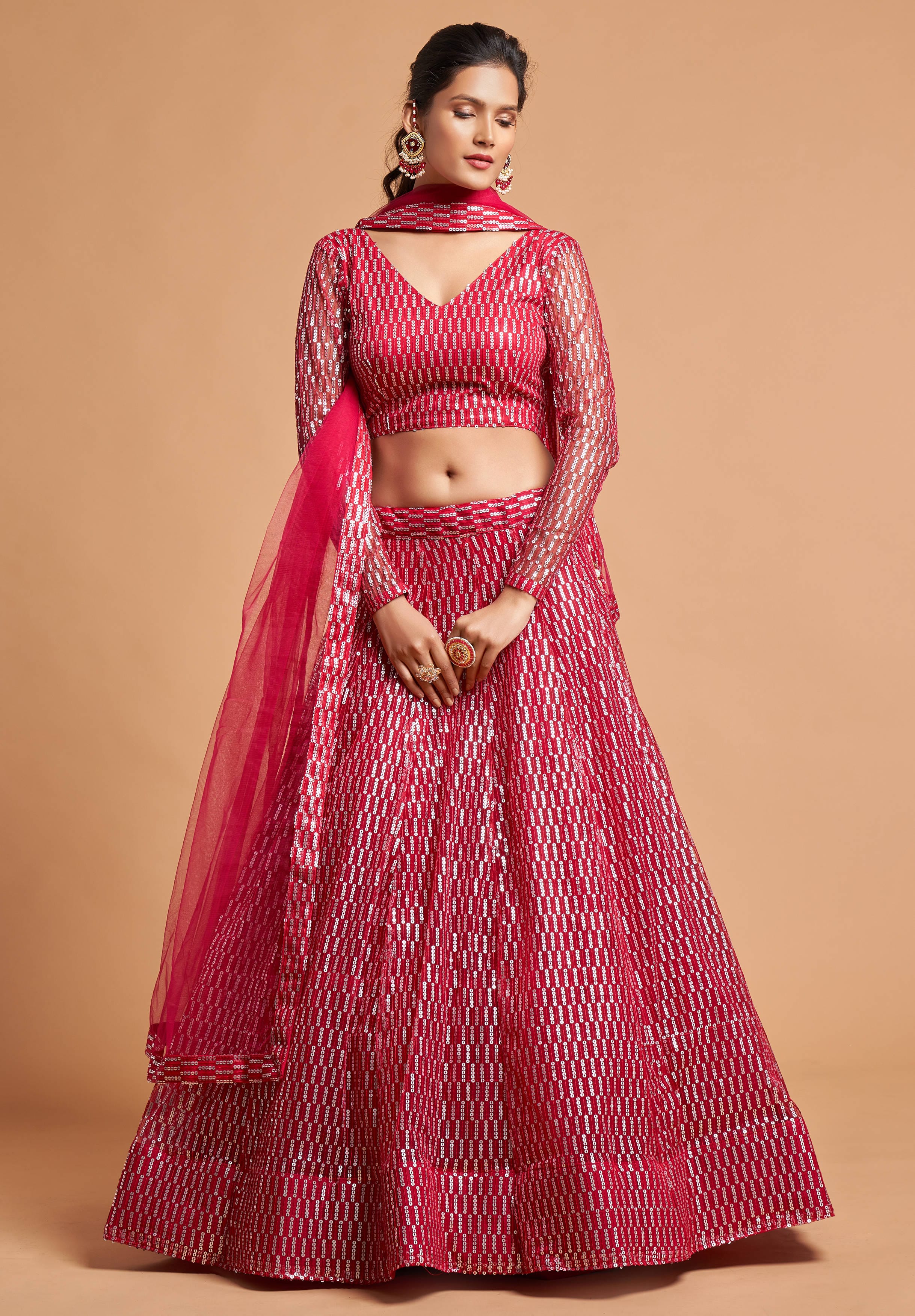Hot Pink Soft Net Sequins Lehenga Set with Thread and Multi Sequins Embroidery