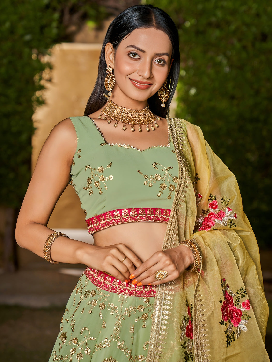 Pista Green Georgette Lehenga Choli with Multicolor Embroidered Border and Organza Dupatta