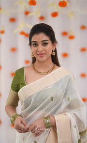 Premium Banarasi Soft Silk Saree Elegant Minimal Design - White and Olive Green