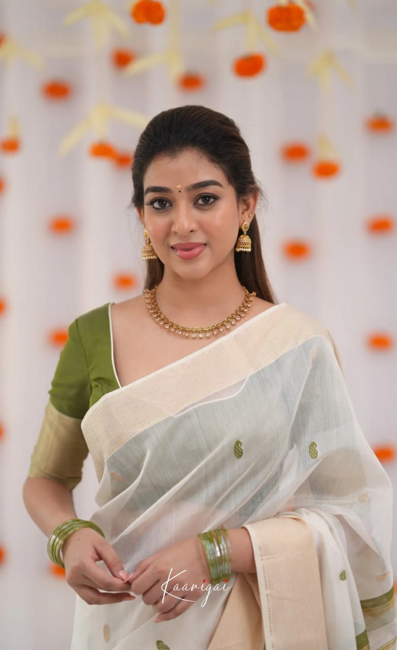 Premium Banarasi Soft Silk Saree Elegant Minimal Design - White and Olive Green