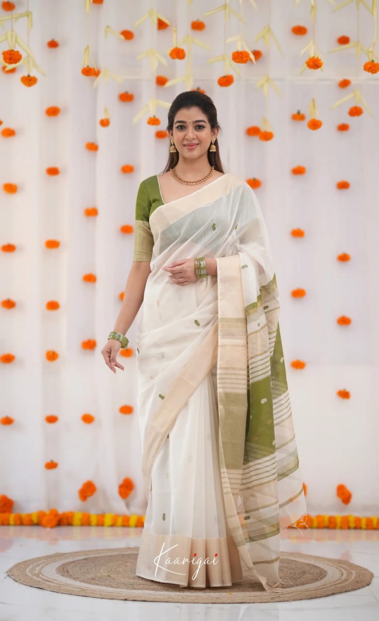 Premium Banarasi Soft Silk Saree Elegant Minimal Design - White and Olive Green