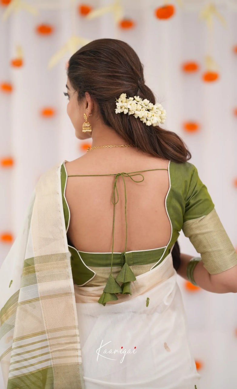 Premium Banarasi Soft Silk Saree Elegant Minimal Design - White and Olive Green