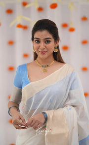 Premium Banarasi Soft Silk Saree Elegant Minimal Design - White and Pastel Blue