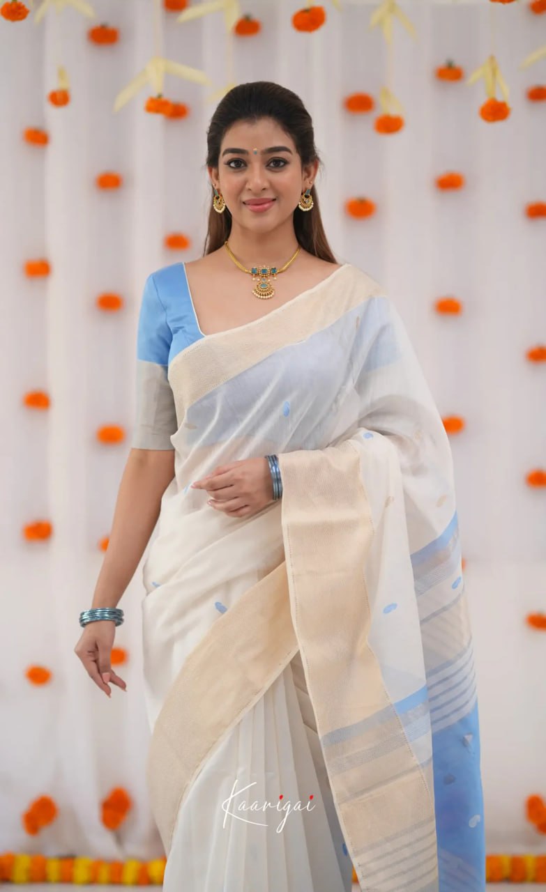 Premium Banarasi Soft Silk Saree Elegant Minimal Design - White and Pastel Blue