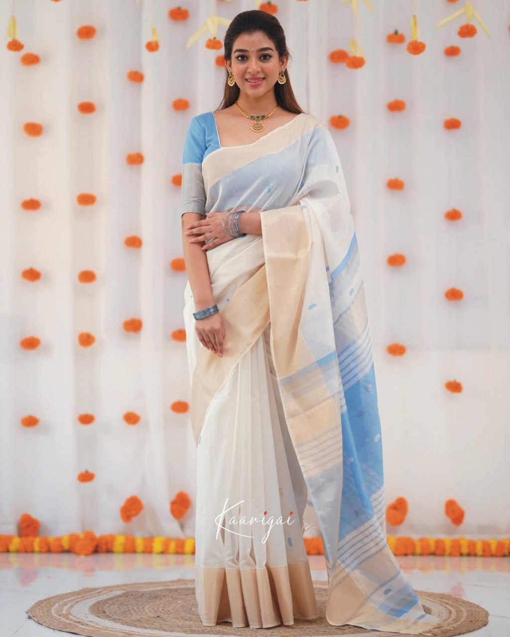 Premium Banarasi Soft Silk Saree Elegant Minimal Design - White and Pastel Blue