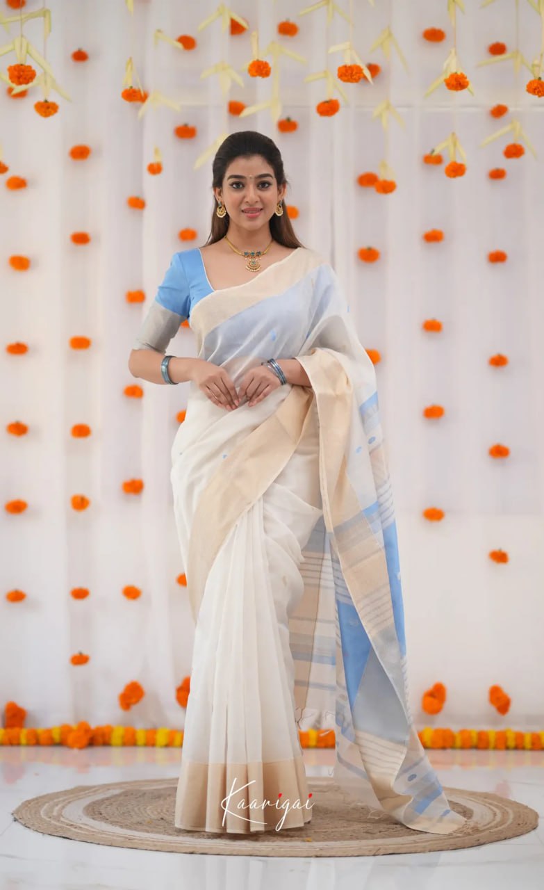 Premium Banarasi Soft Silk Saree Elegant Minimal Design - White and Pastel Blue