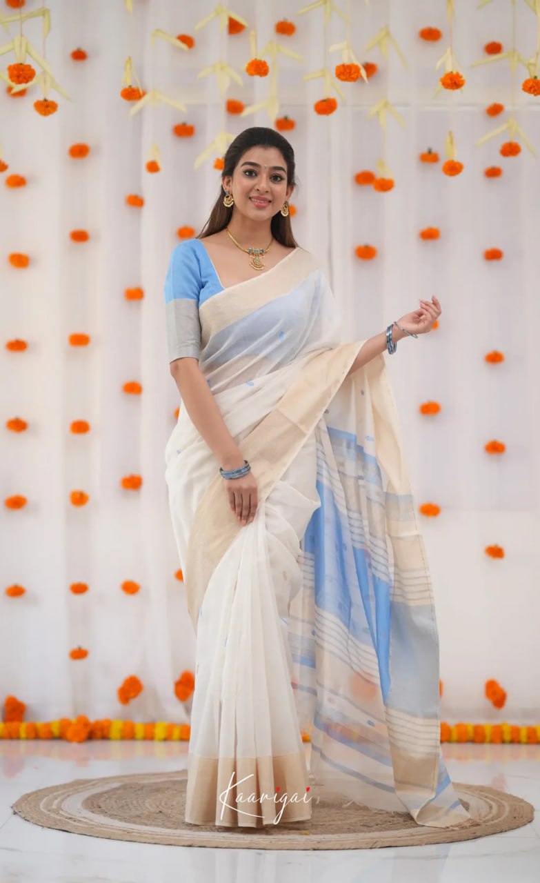 Premium Banarasi Soft Silk Saree Elegant Minimal Design - White and Pastel Blue