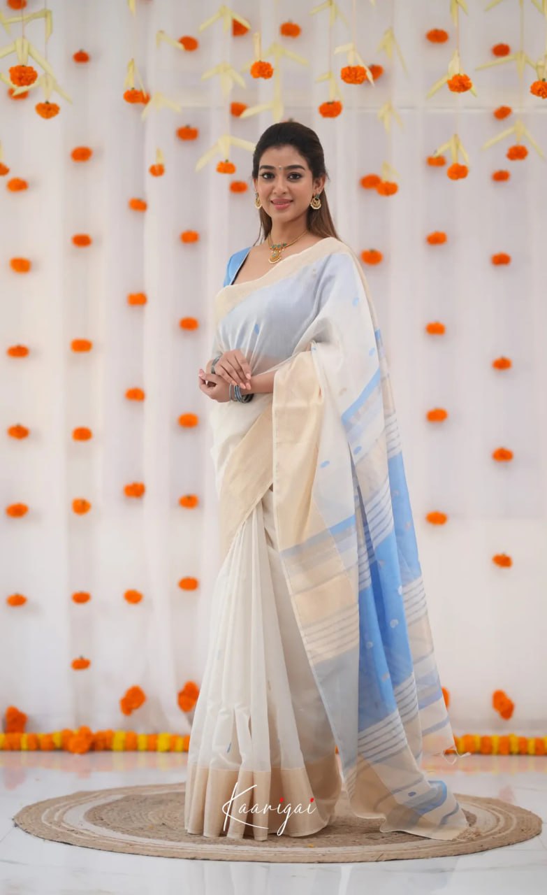 Premium Banarasi Soft Silk Saree Elegant Minimal Design - White and Pastel Blue