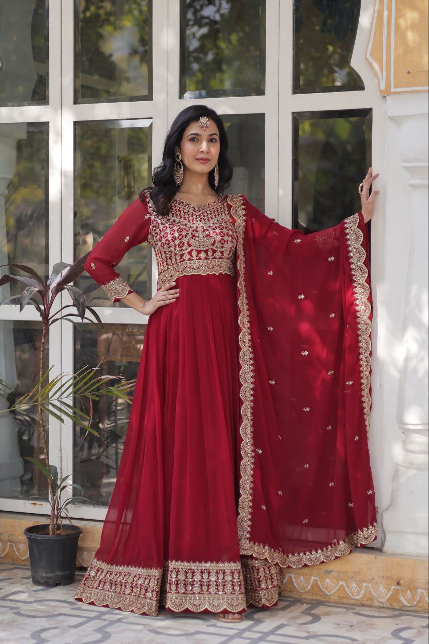 Premium Designer Faux Blooming Gown with Embroidered Dupatta Maroon