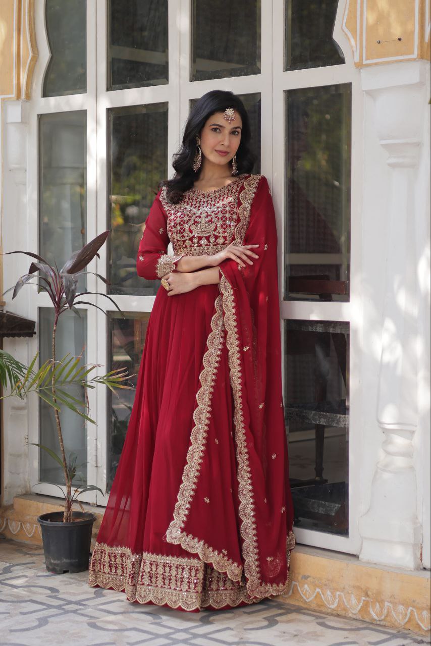 Premium Designer Faux Blooming Gown with Embroidered Dupatta Maroon