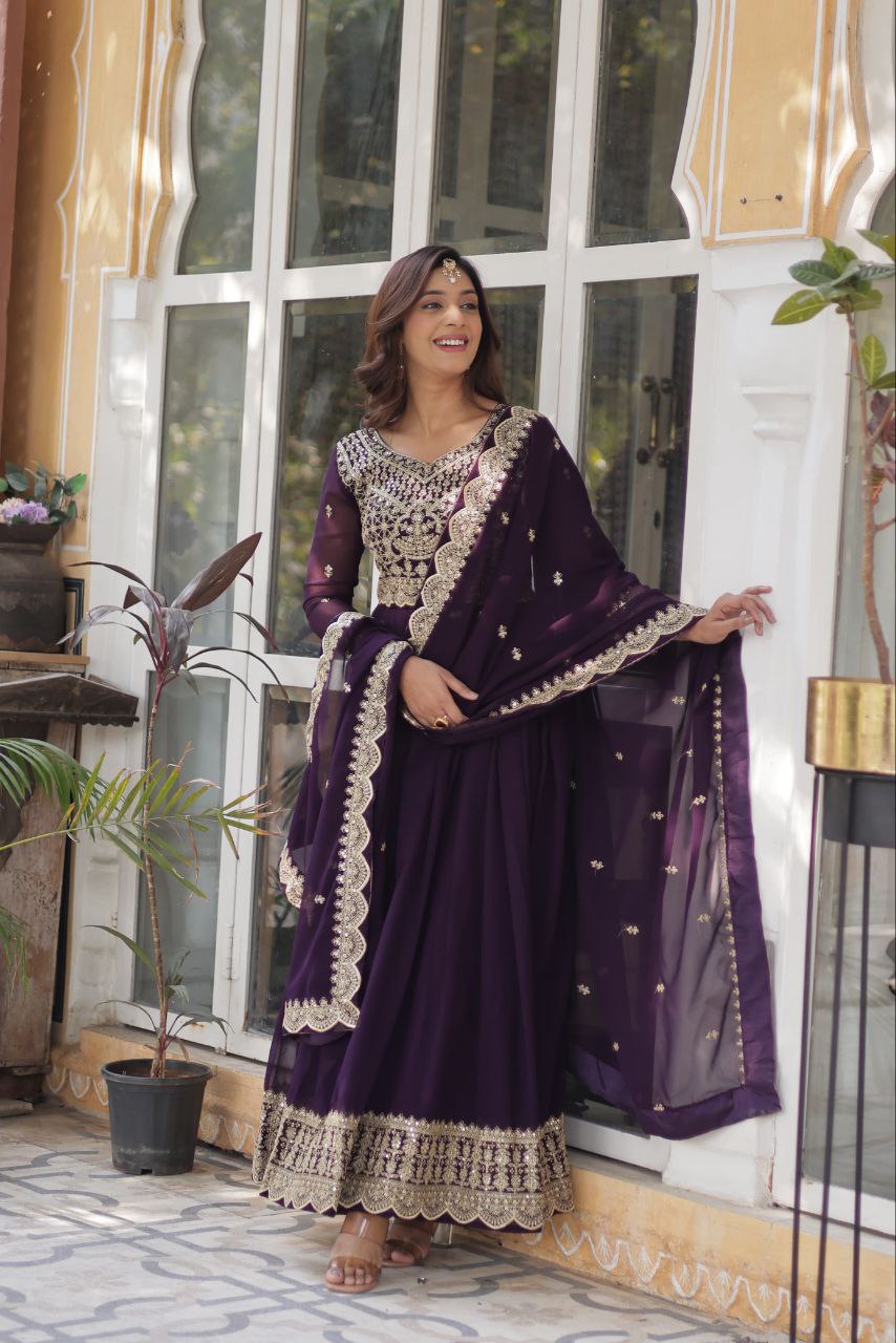 Premium Designer Faux Blooming Gown with Embroidered Dupatta Wine