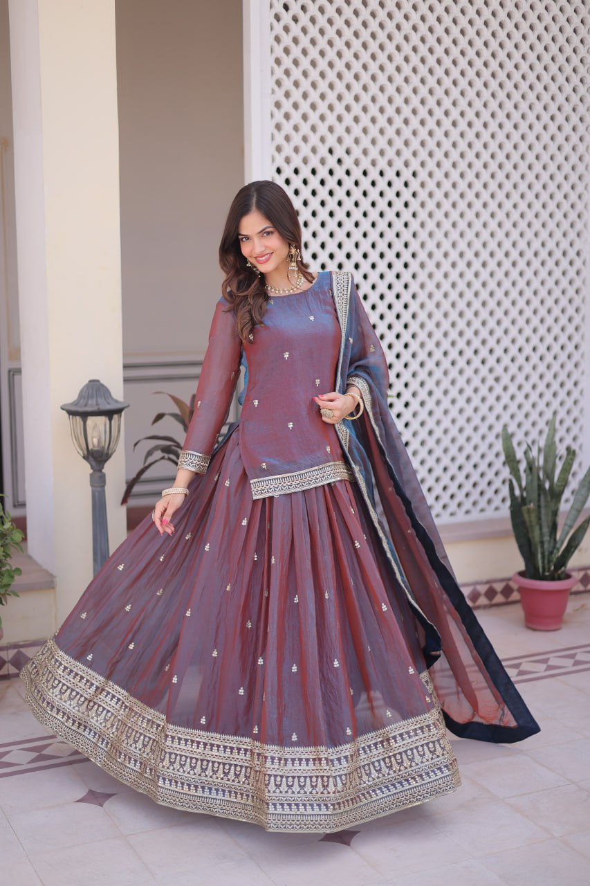 Premium Ready-Made Fendi Chiffon Lehenga Choli with Zari Sequins Work