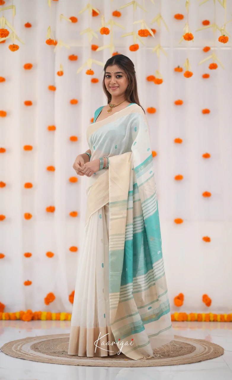Premium Banarasi Soft Silk Saree Elegant Minimal Design - White and Teal Blue
