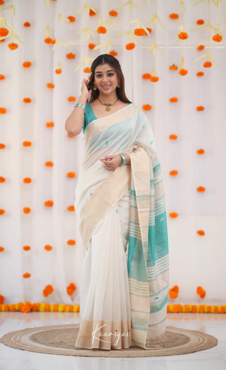 Premium Banarasi Soft Silk Saree Elegant Minimal Design - White and Teal Blue