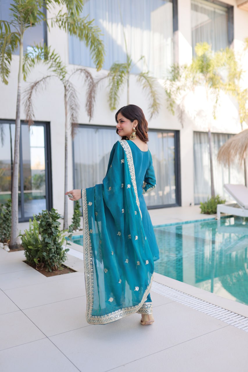 Premium Top Pant Dupatta Set in Fendi Silk Cerulean Designer Ethnic Wear by Festiwo