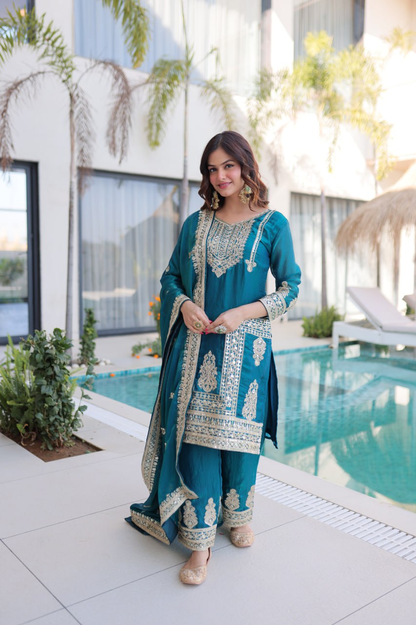 Premium Top Pant Dupatta Set in Fendi Silk Cerulean Designer Ethnic Wear by Festiwo