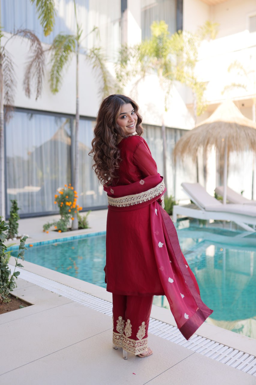 Premium Top Pant Dupatta Set in Fendi Silk Maroon Designer Ethnic Wear by Festiwo