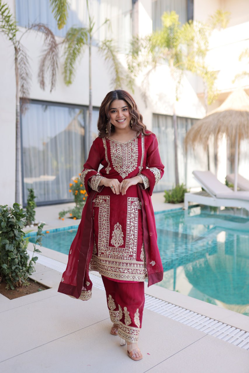 Premium Top Pant Dupatta Set in Fendi Silk Maroon Designer Ethnic Wear by Festiwo