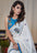 White And Blue Pure Mulmul Cotton Silk Saree with All-Over Digital Print