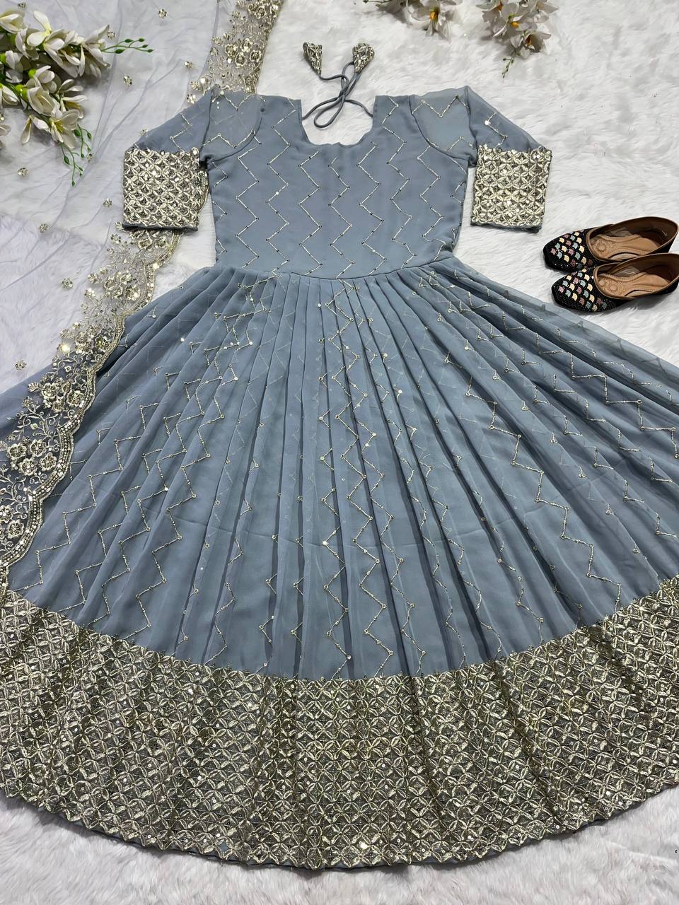 Grey And Golden Zari Embroidered Anarkali Suit